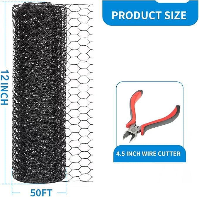 12'' x 50' Black Chicken Wire Fencing, 1 inch Chicken Wire and 20 Gauge Poultry Netting, Garden Mesh Fence Roll for Floral Arrangements/Crafts/Farm/Livestock/Pet Protection