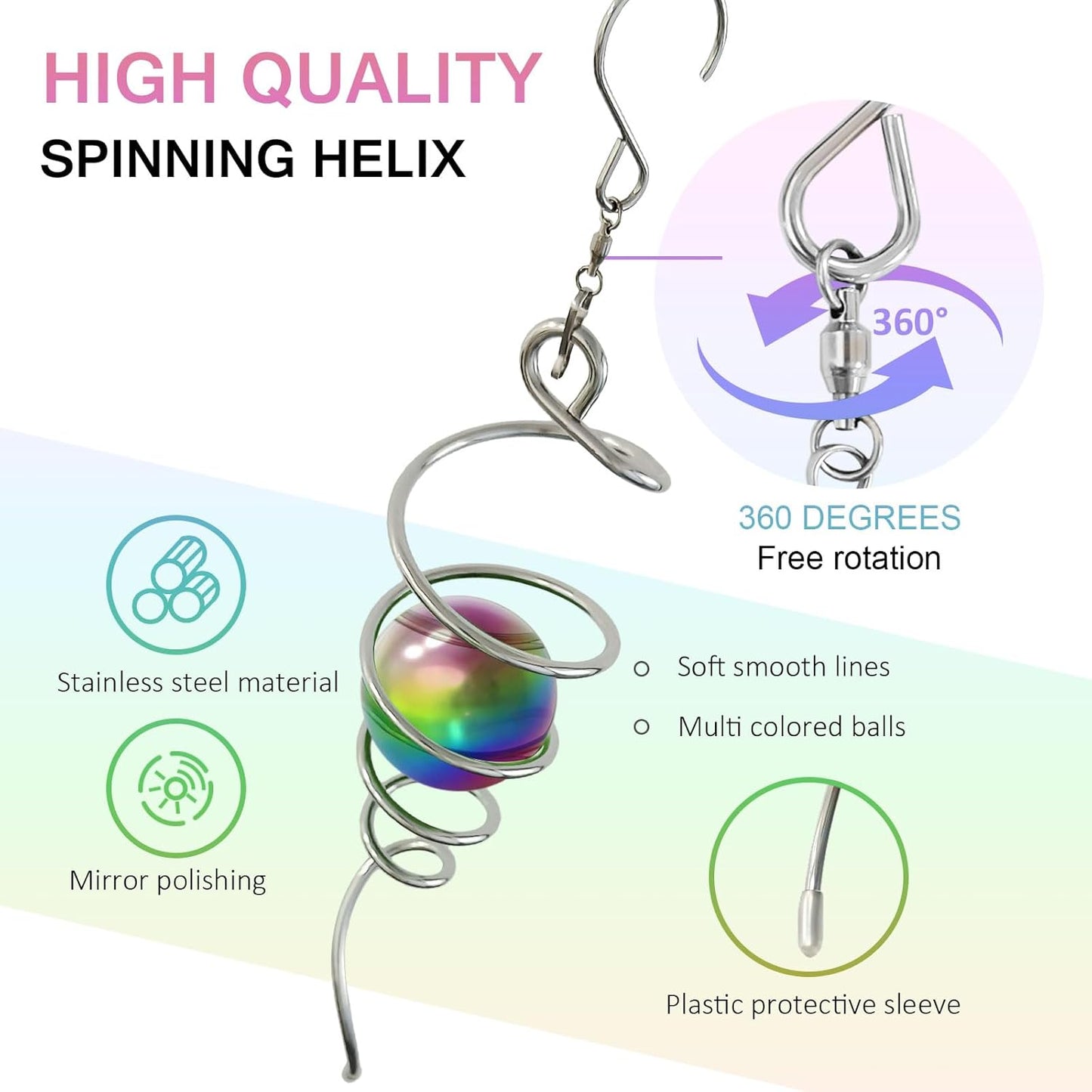 Gazing Ball Spiral Tail,Wind Spinners Stabilizer with Multi Colors Orb,Wind Spinner Tail Visual Illusion in Spinning,Hanging Rotating Art Decor,Indoor Outdoor Garden Decoration-13in