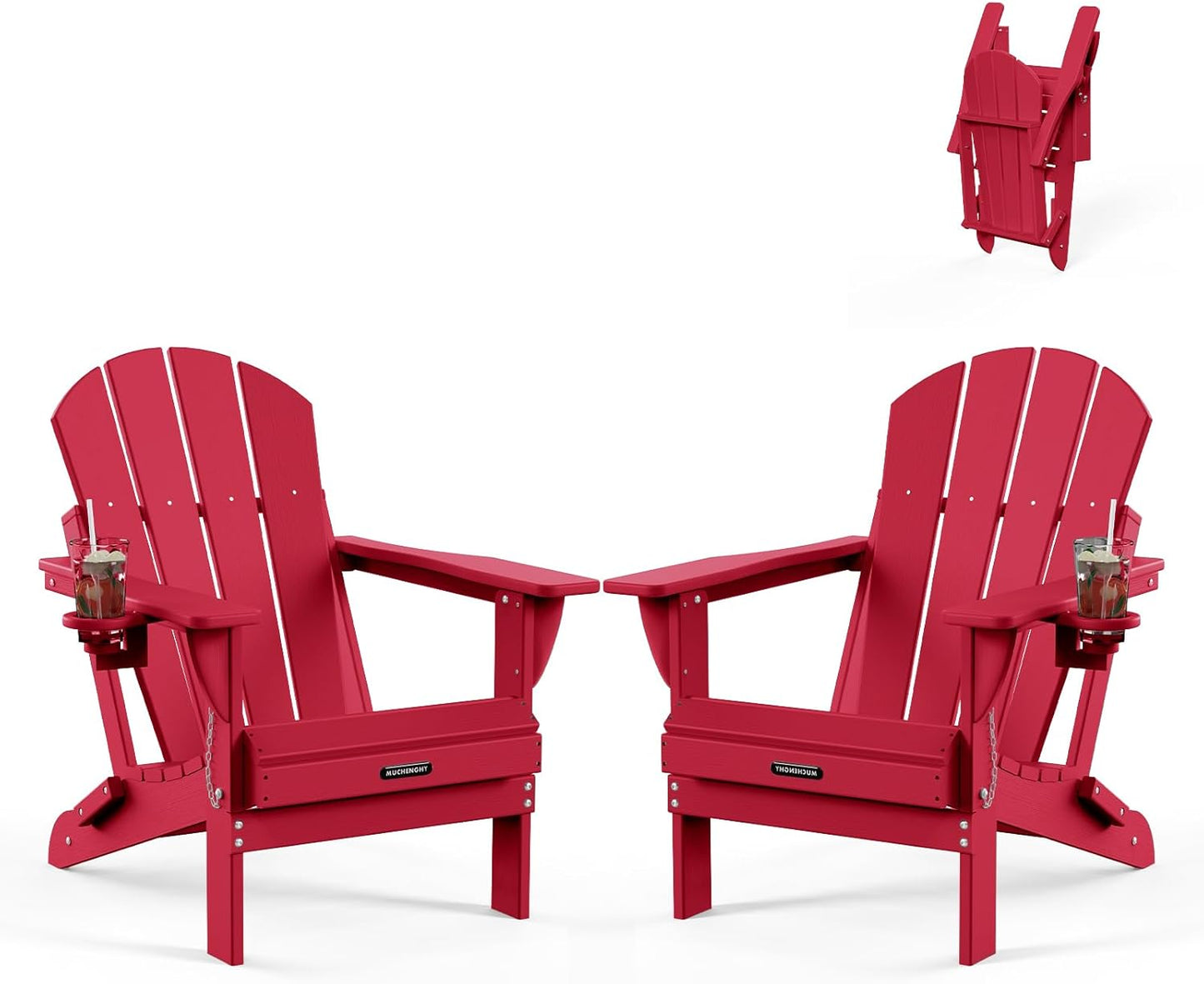MUCHENGHY Folding Adirondack Chairs Set of 2, Patio Chairs, Lawn Chairs, Outdoor Chairs, Adirondack Chair Plastic, Fire Pit Chairs, Weather Resistant with Cup Holder for Deck, Backyard, Garden(Red)