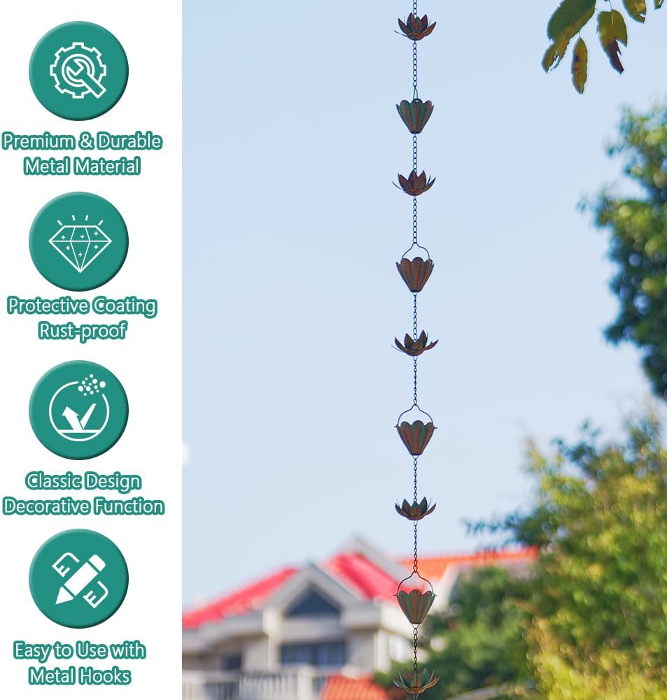 10.3FT Lotus Rain Chains for Gutters, Rain Chains with 16 Cups, Adjustable Rain Catcher Chain for Outside, Replacement Downspout for Gutters, Eaves, Drainage