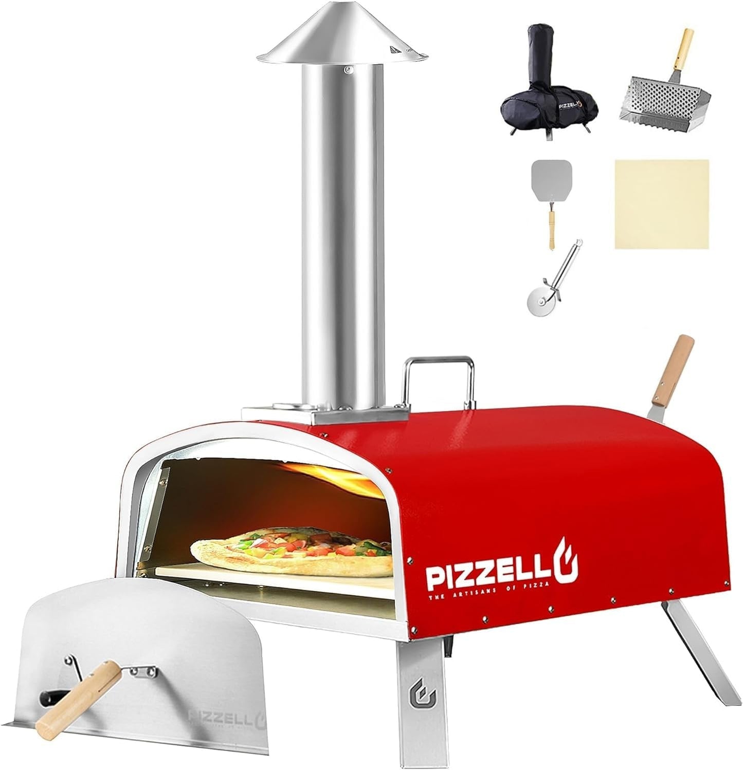 Outdoor Wood Fired Pellet Pizza Oven - 16" Stainless Steel with Carry Bag, Pizza Stone, Cutter, Peel - Red