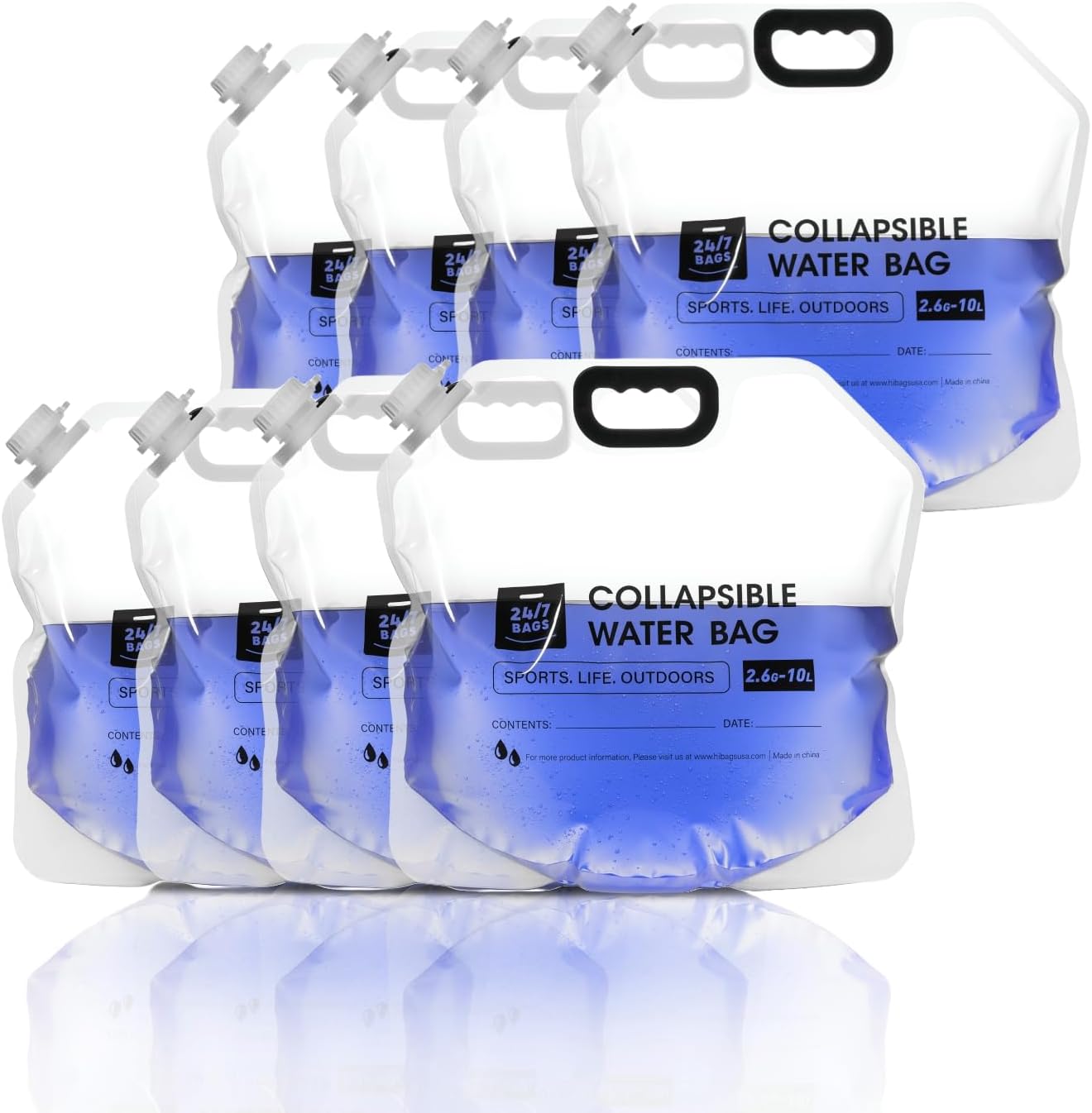 24/7 BAGS 8 Pack Collapsible Water Container Bag 2.6 Gallon/10 Liter, Heavy Duty with Carry Handles, Hikes, Trips, Weather Emergencies, and More, Foldable Water Bag