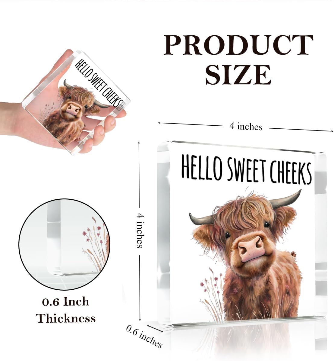 Highland Western Cow Bathroom Decor Gifts,Hello Sweet Cheeks Funny Acrylic Sign Bathroom Decor for Western & Highland Cow Lovers Gifts for Coworker, Friends, Boss, Men, Women 4x4 Inch
