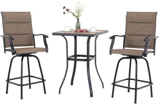 PHI VILLA 3 Piece Outdoor Swivel Bar Stools Set, Bar Height Patio Set with 2 Padded Textilene Fabric Chairs, All-Weather High Top Patio Bistro Table and Chairs Furniture, Brown
