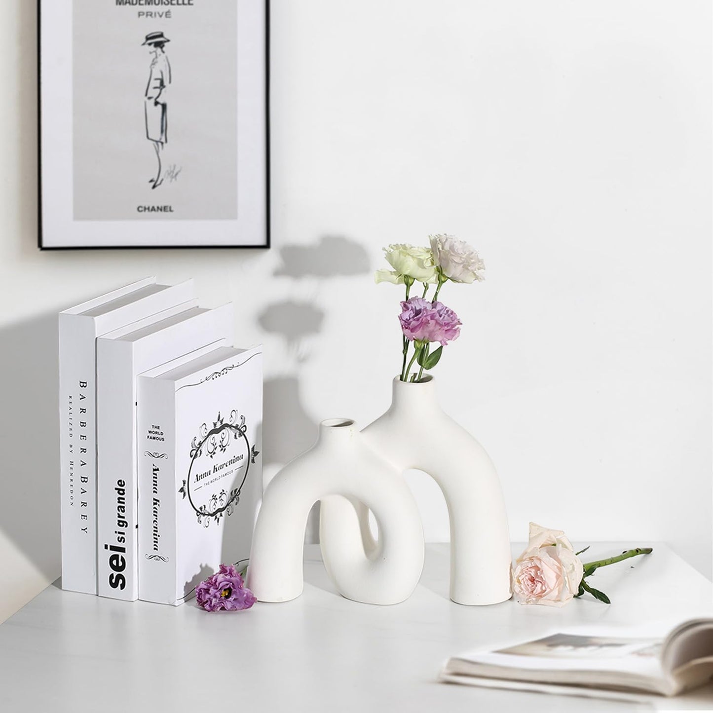 CEMABT Modern Nordic Boho Vase Set - Elegant White Matte Ceramic Home Decor for Living Room, Bookshelf, Mantel, Entryway Table & Console Décor | Shelf Decorations Gift