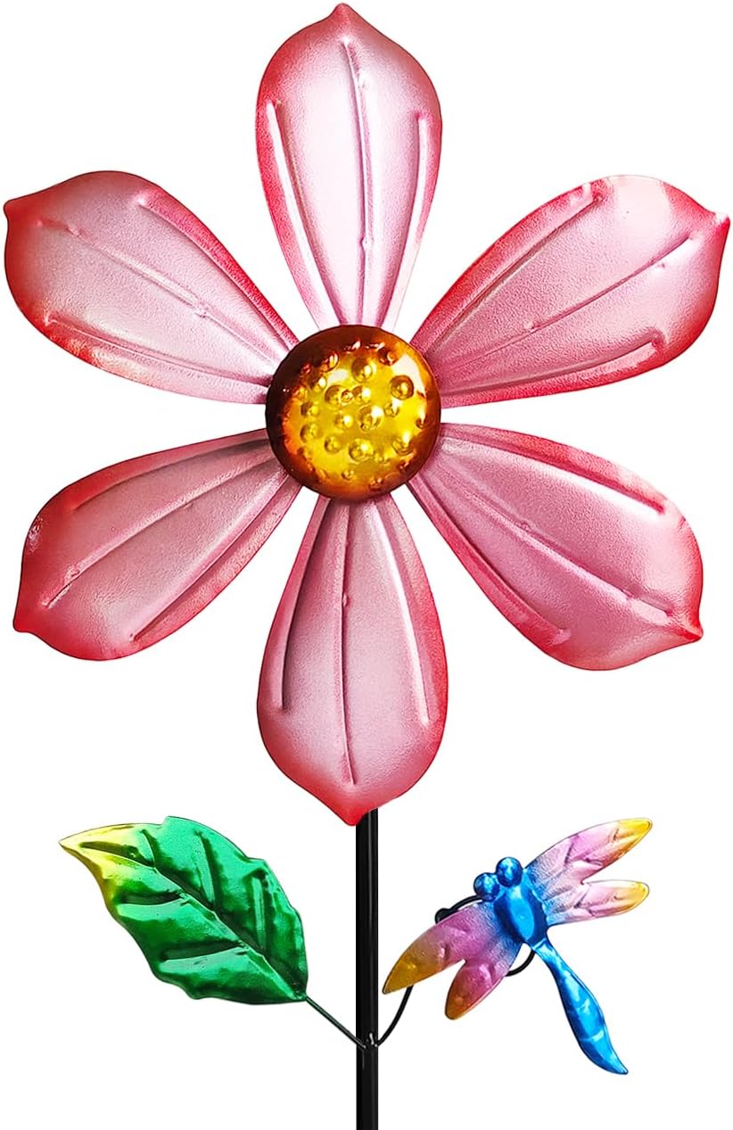 Metal Outdoor Flower Wind Spinner with Pink Floral & Gold Dragonfly, Decorative Kinetic Wind Sculpture for Yard, Garden, Patio, Lawn - Vibran Garden Art & Lawn Ornament for Outdoor Decor