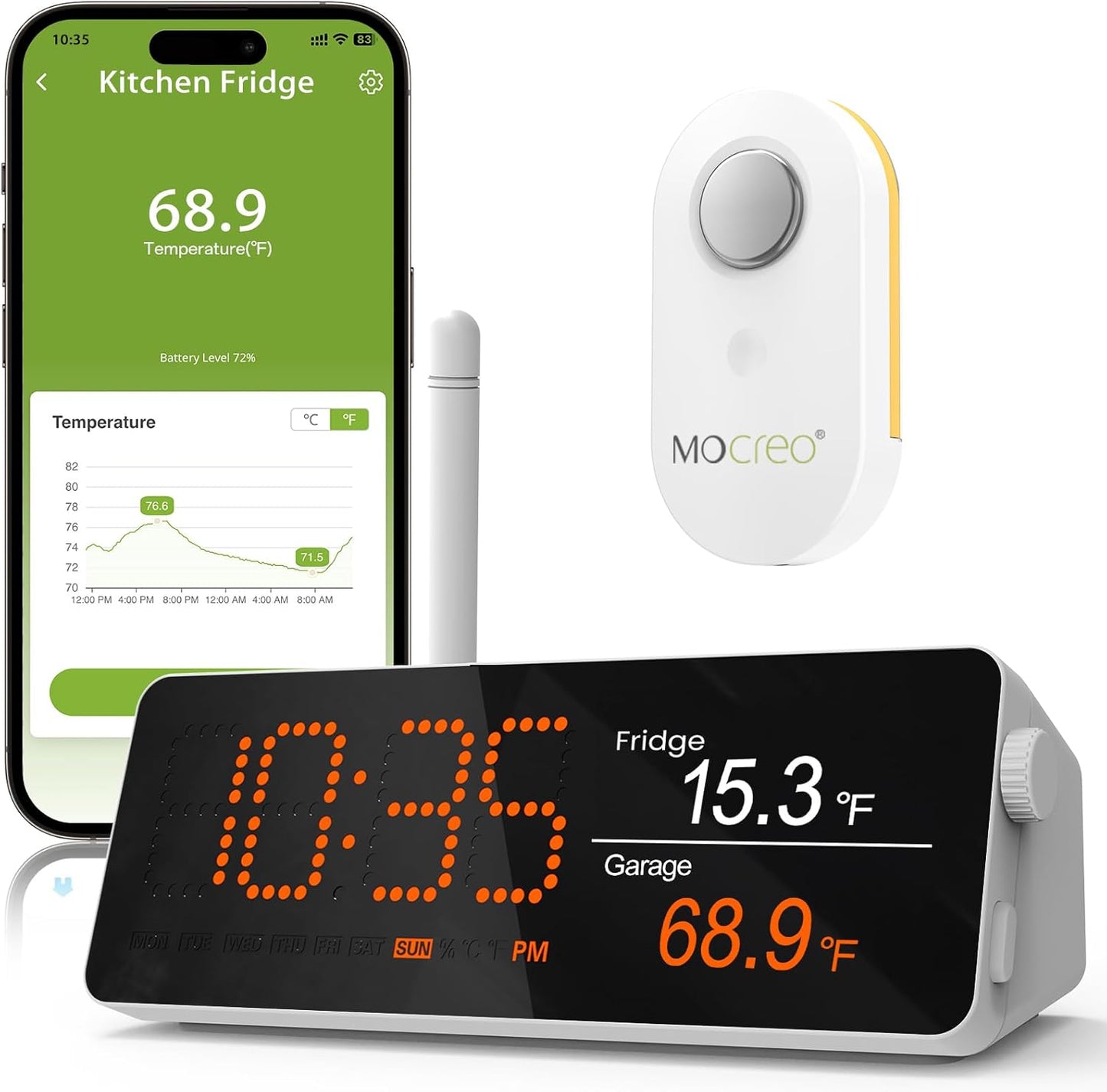 WiFi Remote Refrigerator Thermometer, 1/3 Mile Long Range Freezer Alarm, IP66 Waterproof, App Email Alert, with Digital Monitor Hub, 1 Smart Wireless Temperature Sensor for Kitchen, Fridge, RV