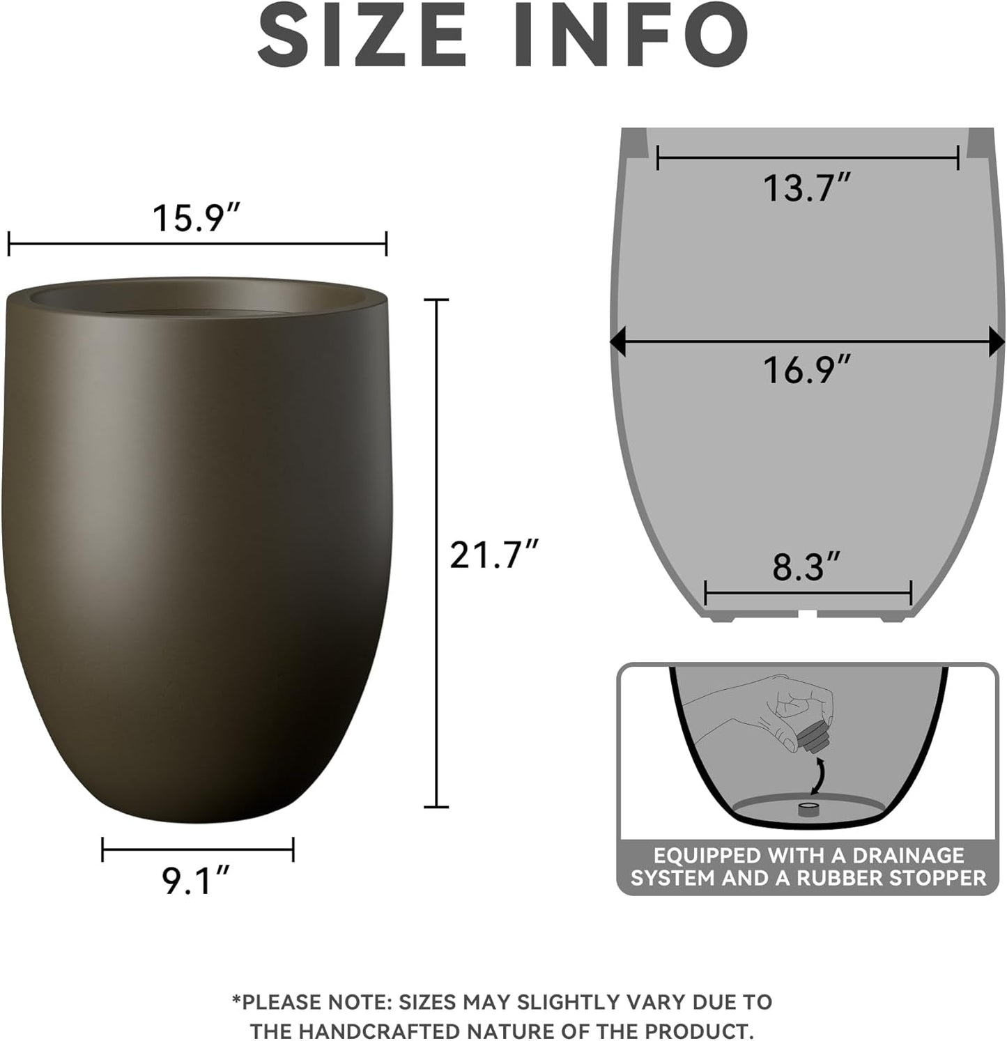 Kante Tall Concrete Planter, 21.7-Inch Height Dark Brown Large Indoor Outdoor Plant Pot with Drainage Hole for Patio Garden Home, Modern Decor for Flowers and Tree