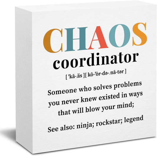 Chaos Coordinator Gifts Office Decor Wooden Box Sign, Administrative Professional Day Gifts Thank You Gifts for Boss Coworker Teacher Nurse Decorative Office Desk Accessories Table Shelf Plaque Sign