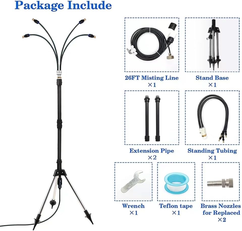 Standing Misters for Outside Outdoor Patio, 3 Adjustable Height,26.2FT Stand Misting System for Cooling Outdoor, Portable Stand Mister for Water Mist Playing, Patio Cooling, Backyard, Porch
