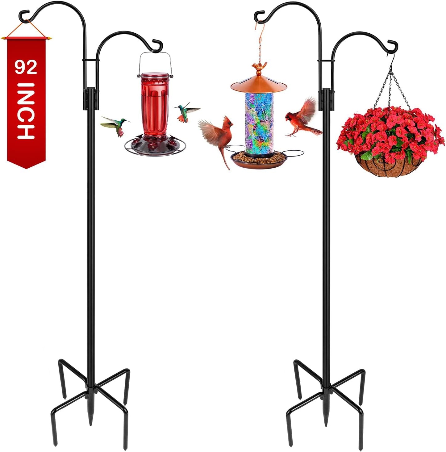 XDW-GIFTS Double Shepherds Hooks for Outdoor, 2-Pack Heavy Duty Garden Pole for Hanging Bird Feeder, Plant Baskets, Solar Light Lanterns, Garden Plant Hanger Stands with 5 Base Prongs
