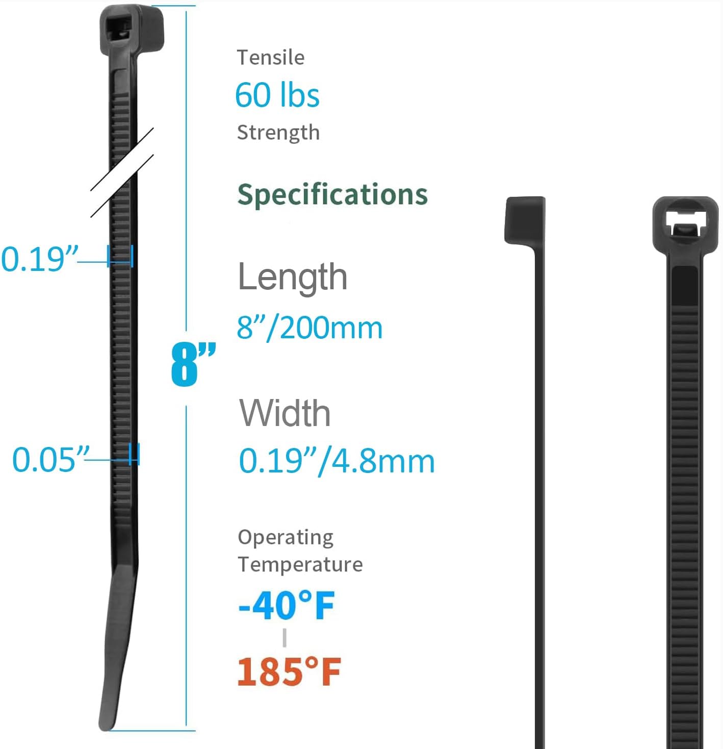 XINGO 5000 PCS Black Zip Ties 8 Inch, 60 LBS Tensile Strength, Self-Locking Nylon Plastic Nylon PA66 Wire Ties for Indoor and Outdoor Use