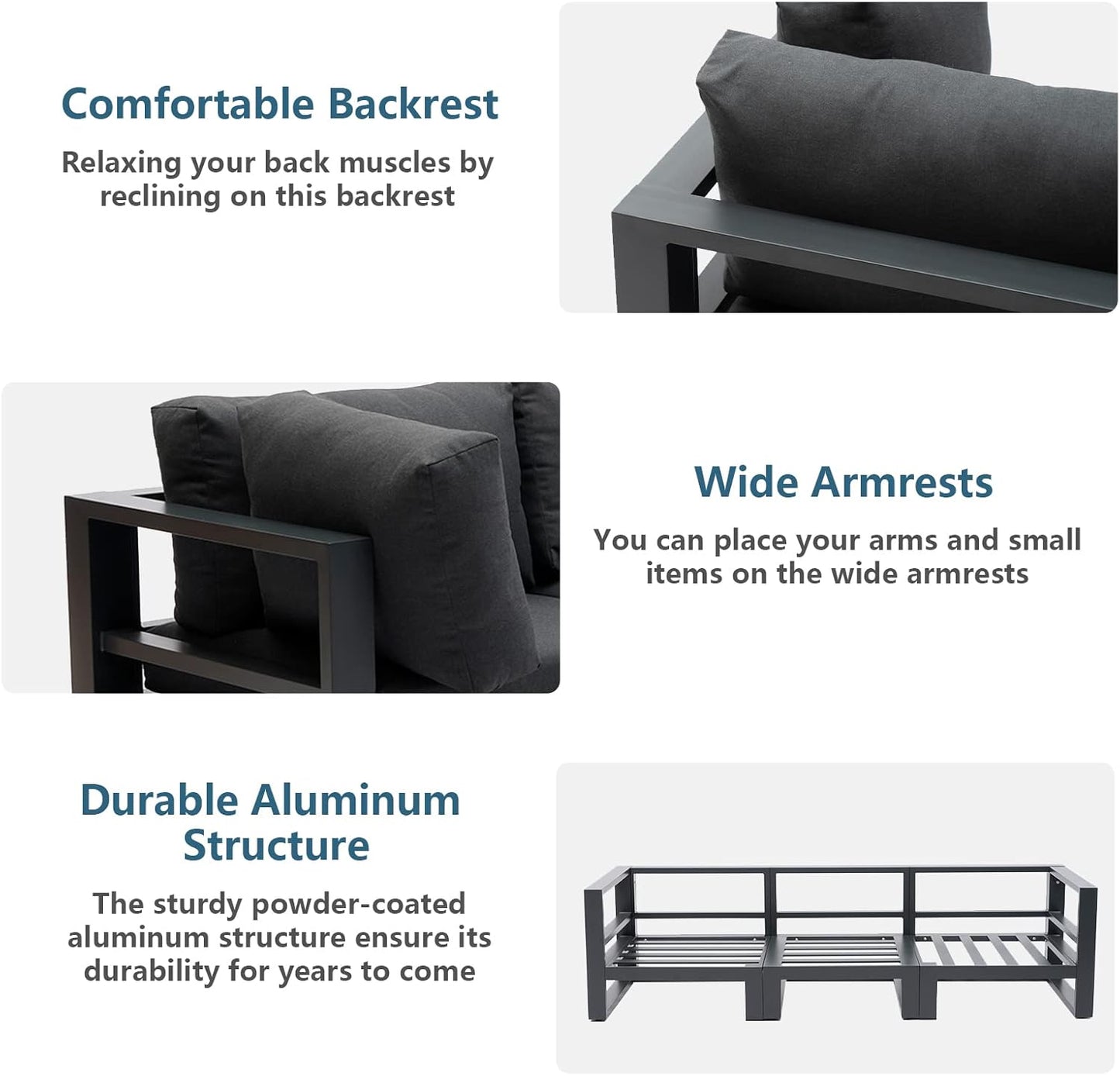 Modern 3 Seater Sofa Outdoor Sectional Sofa Set with Square Coffee Table Patio Conversation Sofa Sets for Garden Backyard, Dark Grey Cushions