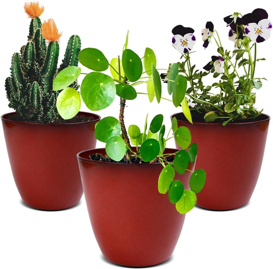 3Pack Plant Pots Durable Decorative Flower Pots,6 Inch Planter Set for Indoor and Outdoor Plants,Flowers,Succulents (Red)
