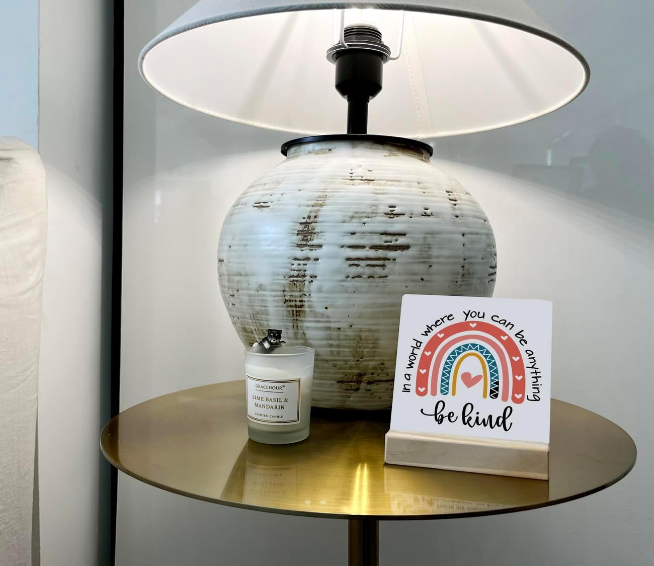 Primitive Wooden Sign - 'In A World Where You Can Be Anything Be Kind' - Desk Plaque with Stand - 4 x 4.3 inches - Rainbow Color - Farmhouse & Bedroom Decor