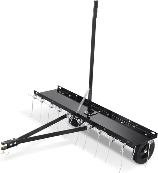 VEVOR Tow Behind Dethatcher, 40-inch Tow Dethatcher with 20 Spring Steel Tines, Lawn Dethatcher Rake for ATV or Mower, Tow Behind Lawn Rake with Lift Handle for Garden Farm Grass
