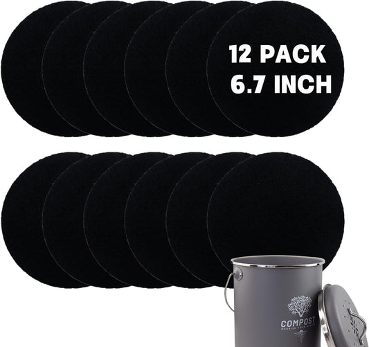 12 Pack - 6.7 Inch Round Compost Bin Charcoal Filters,Extra Thick Activated Carbon Charcoal Filters for Longer Lasting Odor Control, Fits Countertop and Home Bucket Kitchen Compost Bins (Refill)