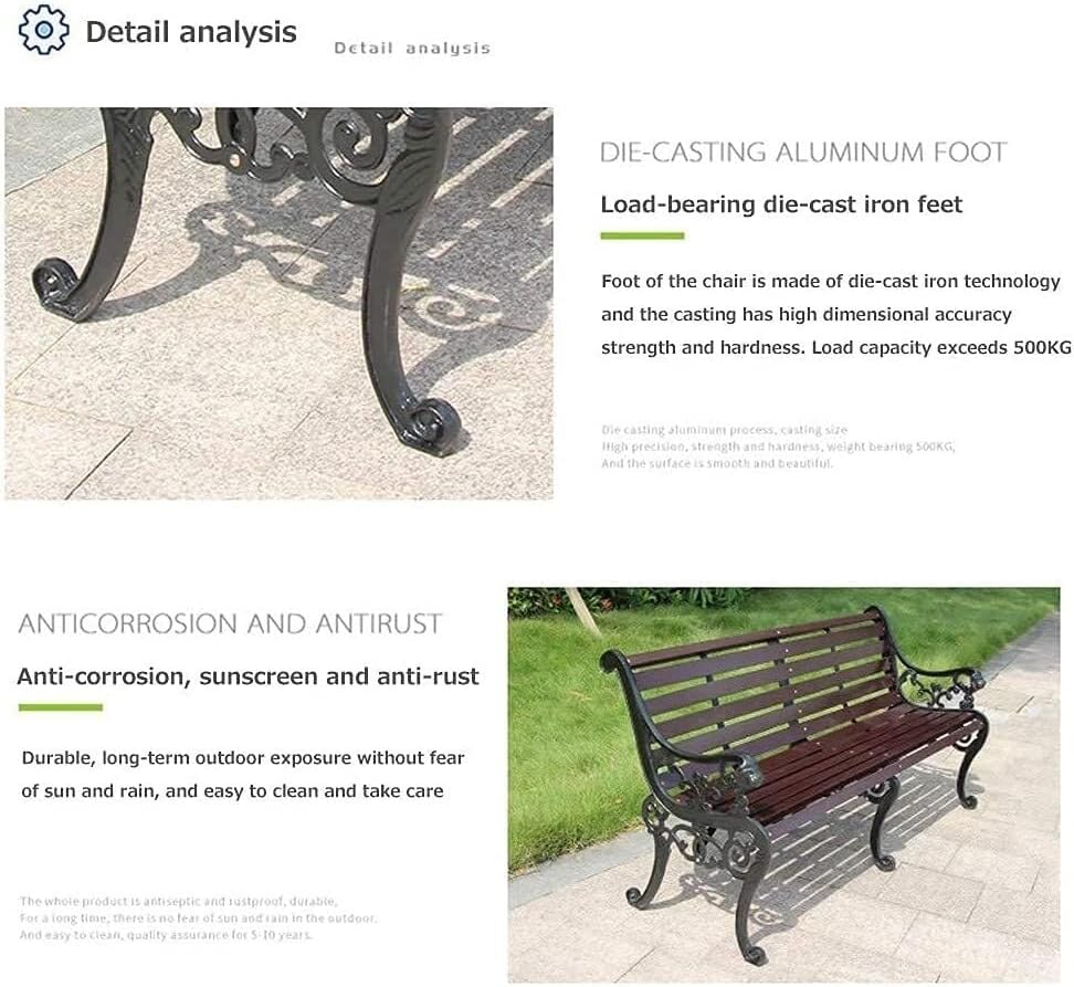 Outdoor Bench, Porch Bench, Garden Park Bench, Cast Aluminum Preservative Wood Bench with Backrest and Armrests for 2-3 People Porch/Deck/Patio Furniture(Teak+Antique Bronze Legs,125CM)