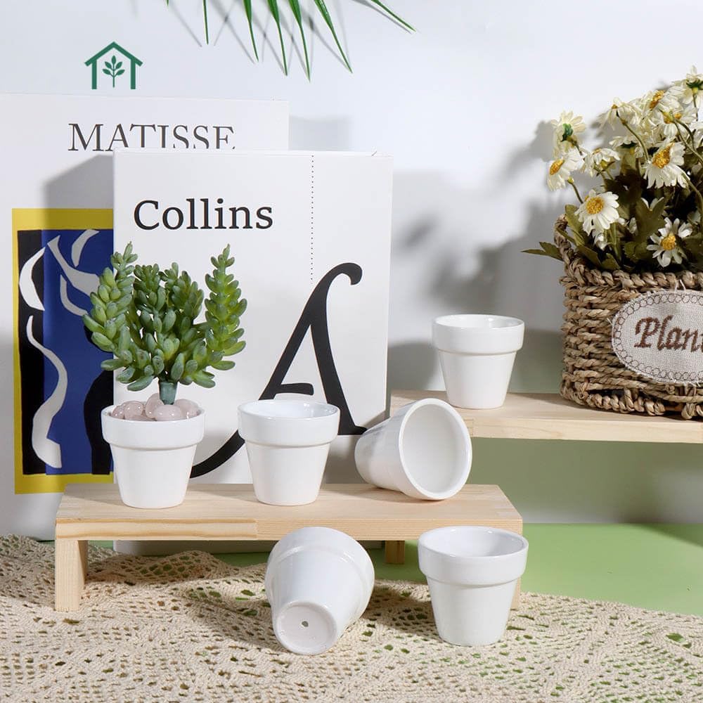 vensovo 48 Pcs 2" Tiny Ceramic Plant Pots with Drainage Hole - White Small Mini Ceramic Pottery Planter Ideal for Indoor/Outdoor Plants, Crafts, Wedding Favors