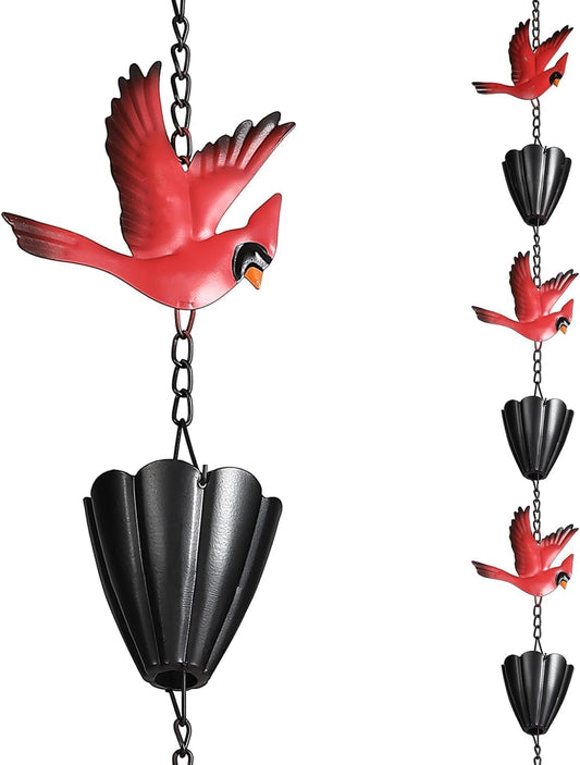 Cardinal Rain Chain, 8.5Ft Rain Chains for Gutters and Downspouts, Metal Decorative Rain Catcher Chain, Bird and Cup Rainwater Gutter Chimes for Outside, Outdoor Garden Decor