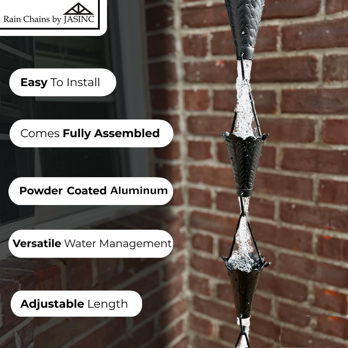 8.5 ft Leaf Cups Black Powder Coated, to Replace Roof Gutter Downspout, with Installation Kit, Rainwater Catcher/Water Diverter, JAS8002BLK