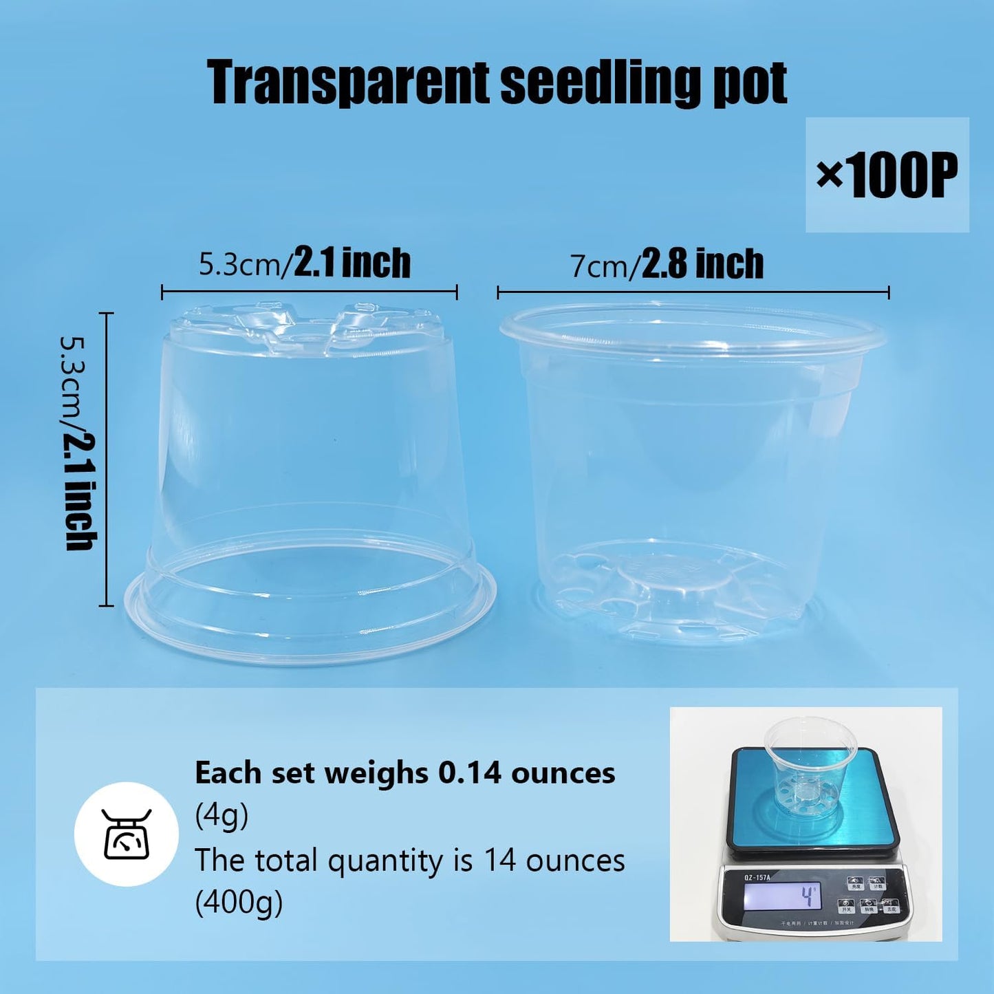 100 Pack 2.8 Inches Clear Plant Pots with Drainage Holes, Transparent Seeding Nursey pots, Round Plastic pots for Seeds Starter, Seeds Germination