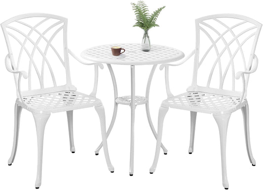 Cast Aluminum Bistro Table and Chairs Set of 2 with 1.97" Umbrella Hole,Weather Resistant 3 Piece Bistro Patio Set Outdoor Patio Furniture Set for Front Porch,Garden,Woven White