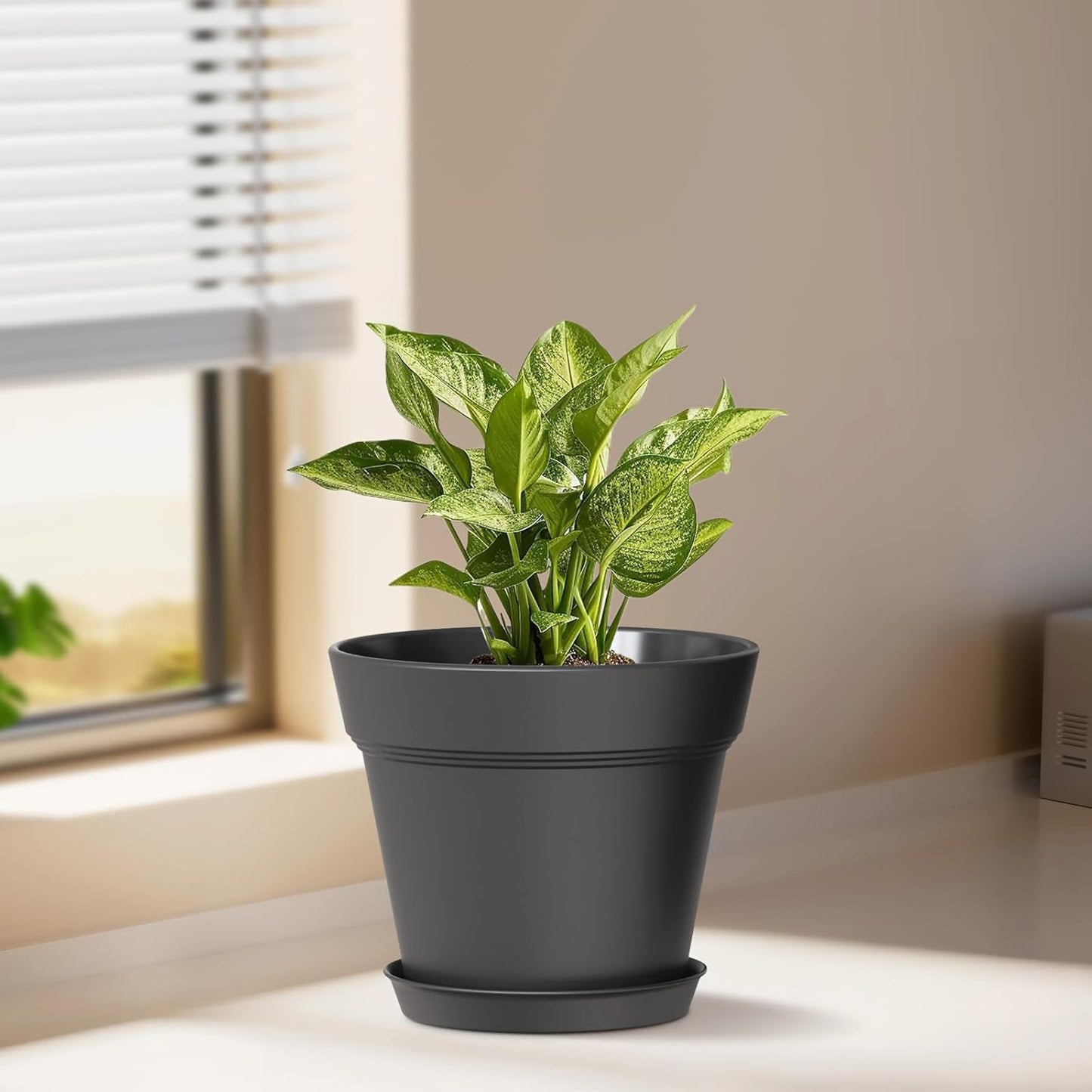 7 Inch Thick Plastic Plant Pots with Drainage Holes and Trays – 6 Pack Nursery Pots for Indoor & Outdoor House Plants, Seedling Starter Planters for Garden Flowers, Matte Black