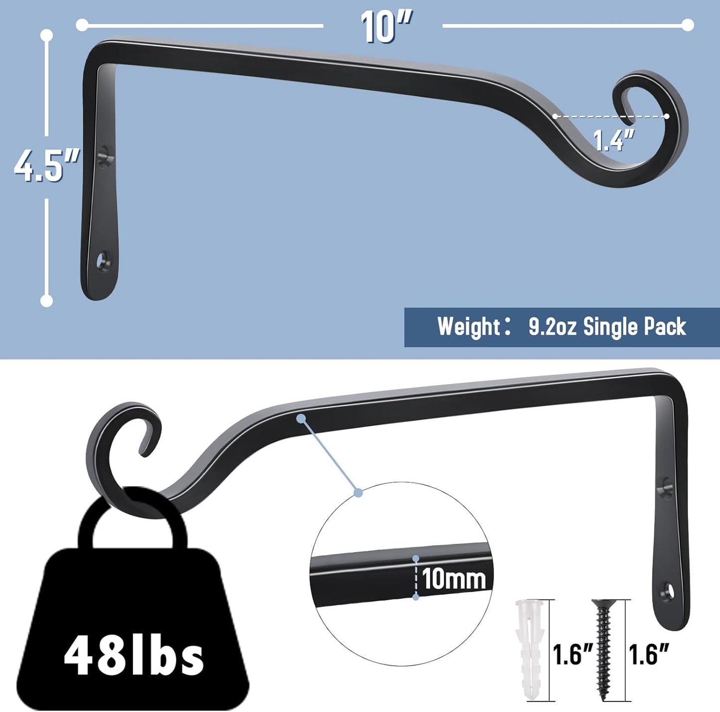 FEED GARDEN Wall Hook Hanging Plant Bracket 10 Inch 2 Pack, Hand-Forged Plant Hanger for Hanging Bird Feeders, Wind Chimes, Flower Baskets, Yoga Mat, Indoor/Outdoor Use, Black