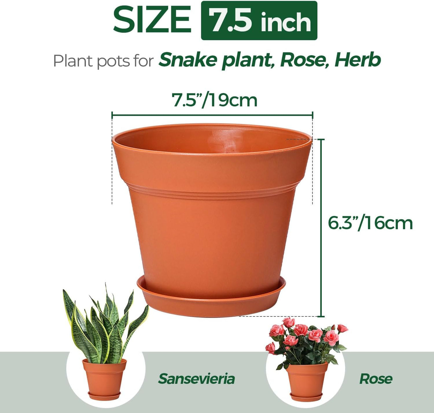 T4U 7.5 Inch Plant Pots 6 Pcs, Flower Pots for Plants, Plastic Planter Pots for Indoor Plants with Drainage Holes and Saucer (6 Pcs, 7.5")