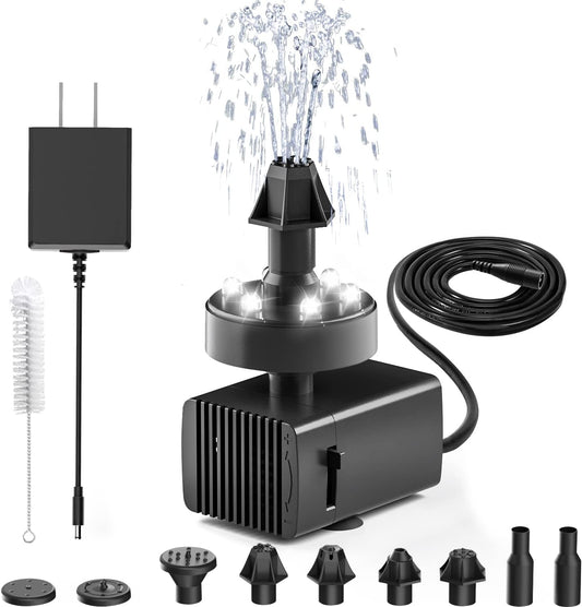 24-Hours Working Bird Bath Fountains Plug in, Jutai Adjustable DC 12V Water Fountain Pump with LED Light for Birdbath, Garden, Small Fish Tank, Pond,16.4Ft Power Cord, Adapter Included(White)