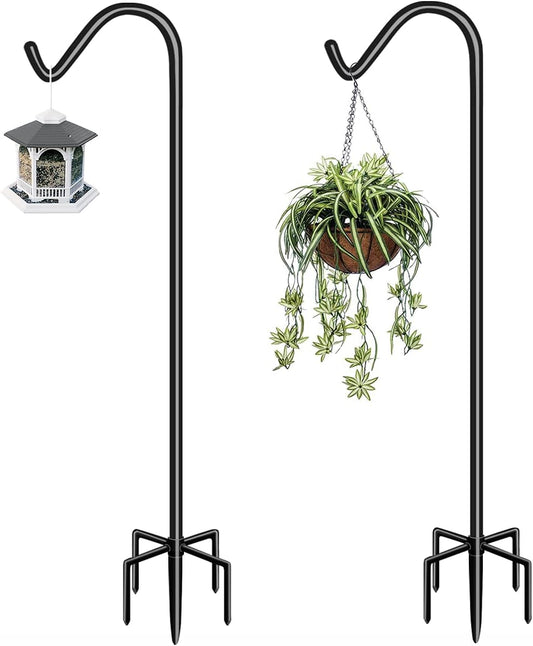 Garbuildman 76 Inch Tall Shepherd Hooks with 5-Forked Base, Adjustable Heavy Duty Bird Feeder Pole Stand Hanger for Outdoor, Shiny Black, 2 Pack