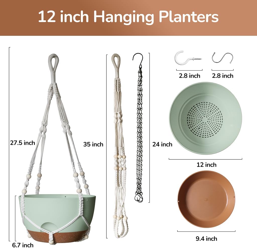 12 Inch Hanging Baskets for Plants Outdoor, Hanging Planters for Indoor Outdoor Plants, Hanging Planter with Self Watering, Hanging Flower Pots (Green Planter with Macrame + Iron Hangers)