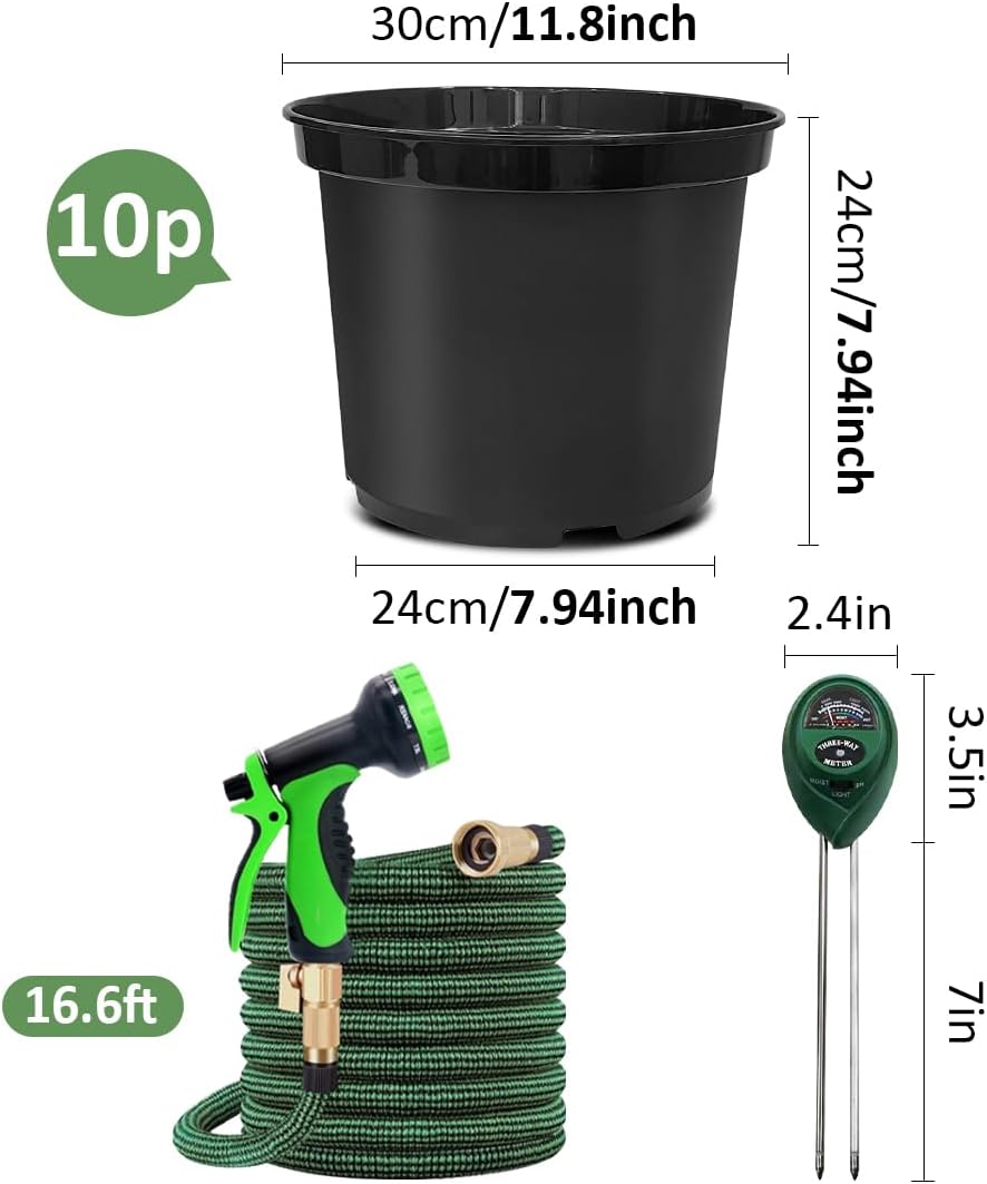 5 Gallon Nursery Pots (10-Pack) + 50ft Garden Hose with Spray Nozzle + 3-in-1 Soil Tester for Moisture/Light/pH | All-in-One Gardening Kit for Indoor/Outdoor Plants, Gardening Gifts for Women