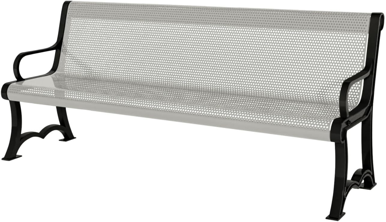 Coated Outdoor Furniture Heavy-Duty Outdoor Bench Thermoplastic Coated, Punched Steel, Commercial-Grade Garden Bench, Made in America (Portable with Back, 4 Ft, Gray)