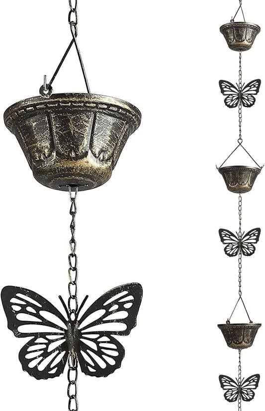 8.5FT Rain Chains for Gutters Downspouts, Butterfly and Cup Rain Gutter Chain, Functional and Decorative Replacement Rainchains for Downspout, Metal Rain Catcher Chimes for Outside, Vintage Copper