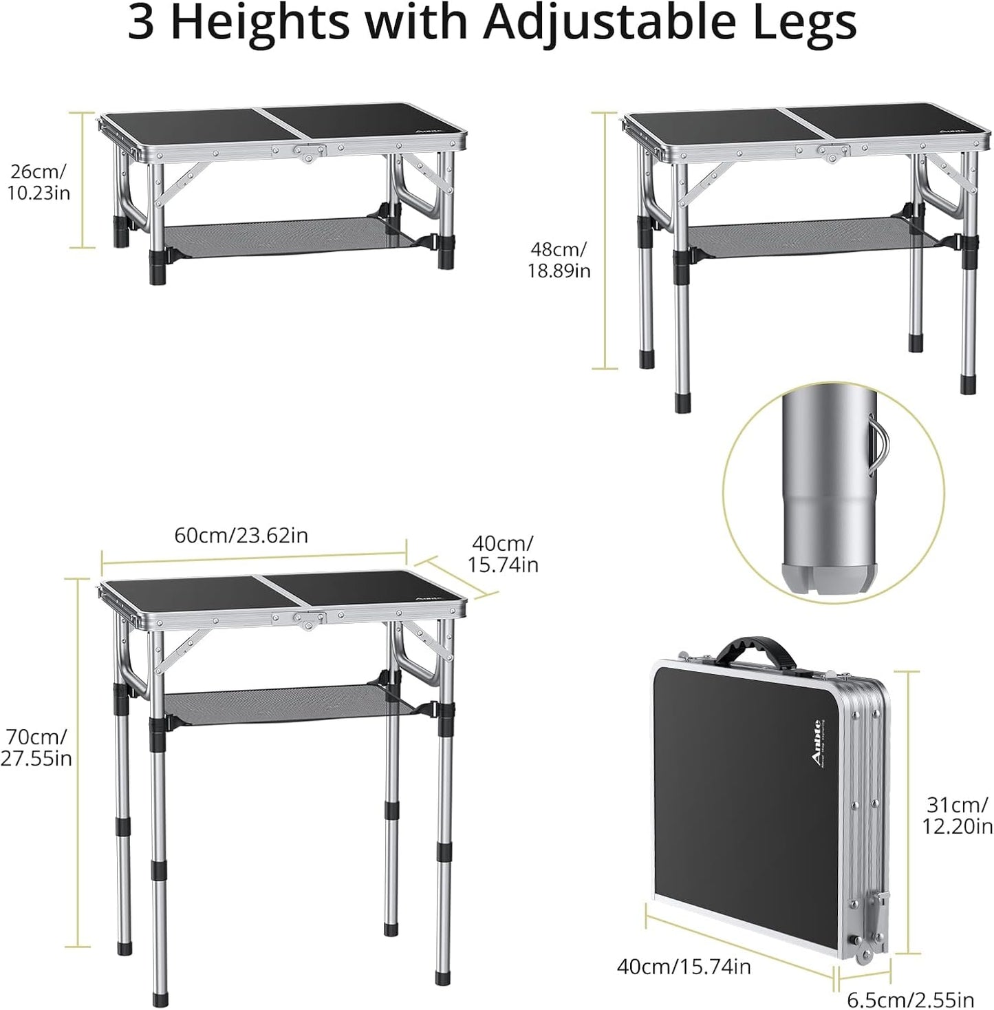 Folding Camping Table, Aluminum 24" x 16" Adjustable Height Small Folding Table with Carrying Handle, Lightweight, Portable Camping Table Waterproof for Outdoor Indoor Picnic Beach BBQ (Black)