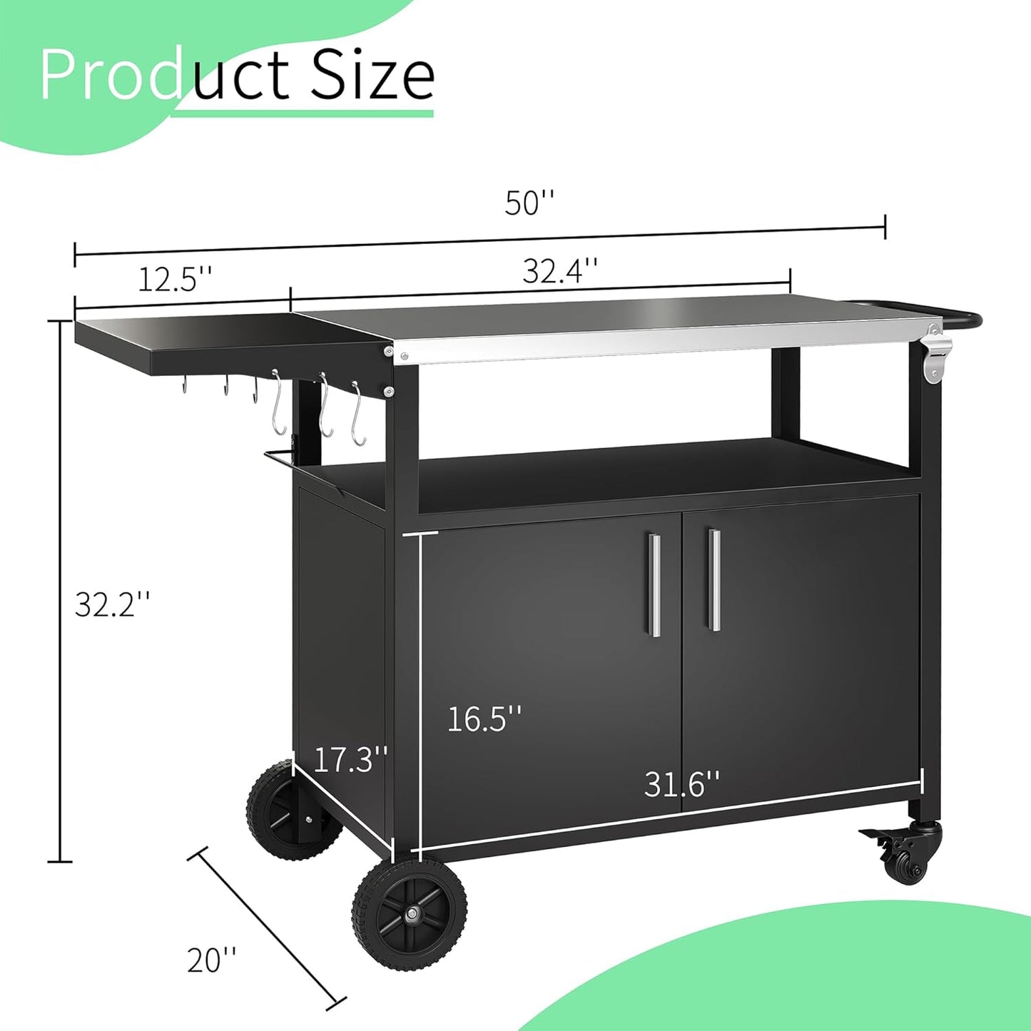 Shintenchi Outdoor Grill Cart Table with Stainless Steel Top for Kitchen Prep and BBQ, Outdoor Kitchen Island Table with Side Handle, Multifunctional Outdoor Grill Table, Black