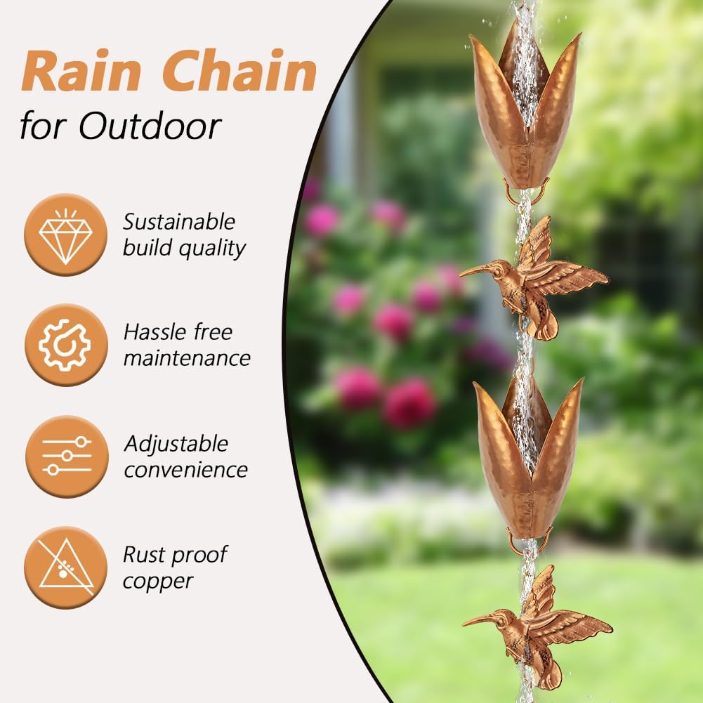 Rain Chains for Gutters, 8.5 Ft Rain Water Chain with 10 Tulip Cups & Detachable Hummingbird Decor, Adjustable Gold Rain Catcher Chain, Replacement for Downspout