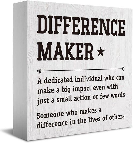 HTBIG Difference Maker Thank You Gifts Office Decor Funny Inspirational Desk Decor Coworker Gifts for Women Men Teacher Boss Day Retirement Rustic Wooden Box Sign for Tabletop Office Bookshelf White