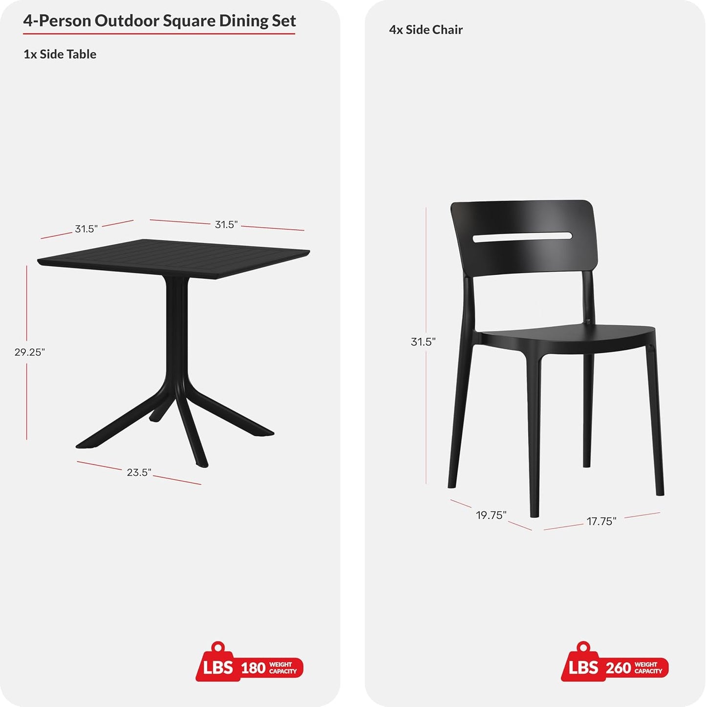 5-Piece Outdoor Dining Set, HDPE Patio Square Bistro Table and Stackable Chairs Sets for 4, Patio Furniture All Weather for Backyard Poolside, Olive Green