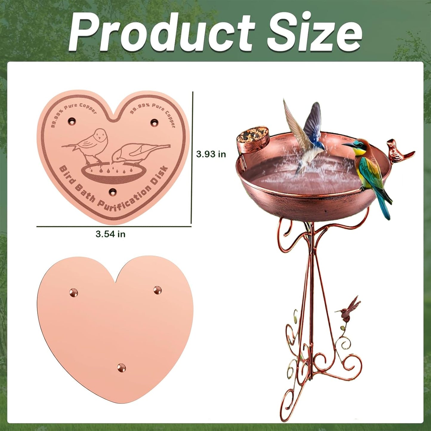 3-Pack 99.99% Pure Copper Bird Bath Purification Disk,Copper Disc with Stable Triple-Point Support,Fits All Outdoor Bird Baths(Heart-Shaped)