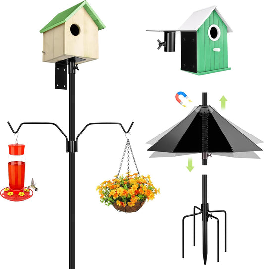 Bird Feeder Pole, 79 Inch Heavy Duty Bird House Pole Mount Kit for Outdoors, Adjustable Feeding Stand, with 2-Hooks, Metal Squirrel Baffle and 5-Prong Base, Black