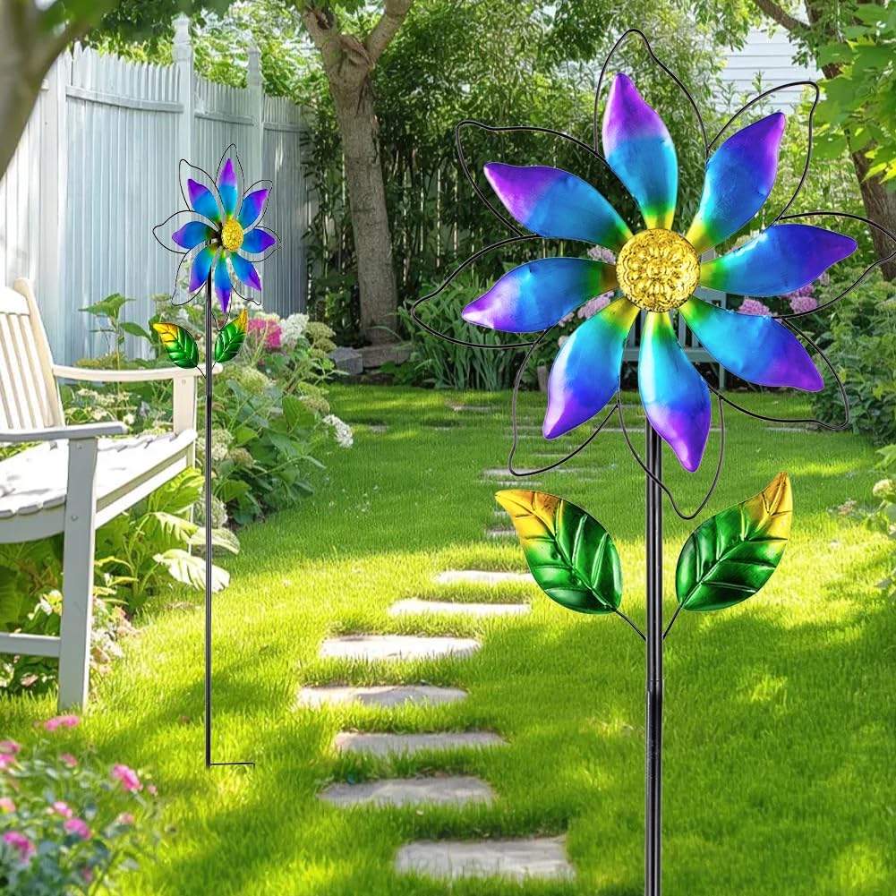 14'' Wind Spinners Outdoor, Flower Kinetic Wind Sculpture & Spinners, Metal Wind Spinners for Yard Garden Patio Decor (Purple)