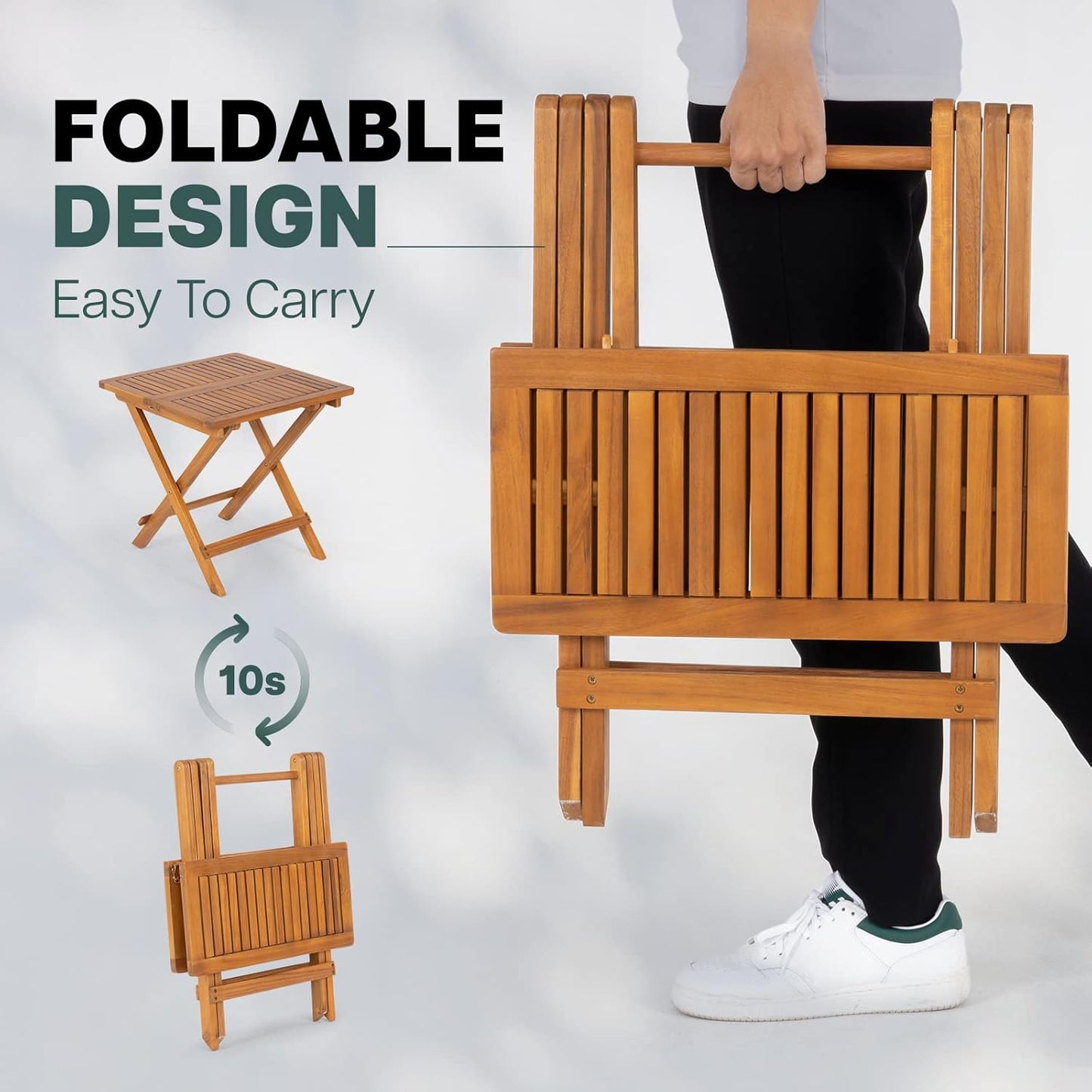 IDZO Mira Acacia Wood Folding Bistro Side Table Outdoor, 19.5 Inch x 19.5 Inch, Heavy Duty 200 Lbs Capacity Loading, Space-Saving for Garden & Balcony, No Assembly