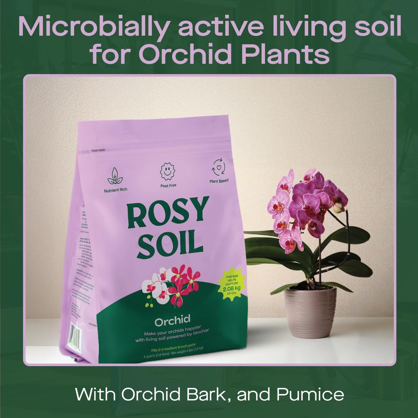 Rosy Soil Orchid Soil Potting Mix - Superior Aeration & Drainage for Orchids - Peat-Free, Microbially Active Biochar Powered Soil for Orchid Plants - Ideal for Indoor Gardening - 4 Quarts