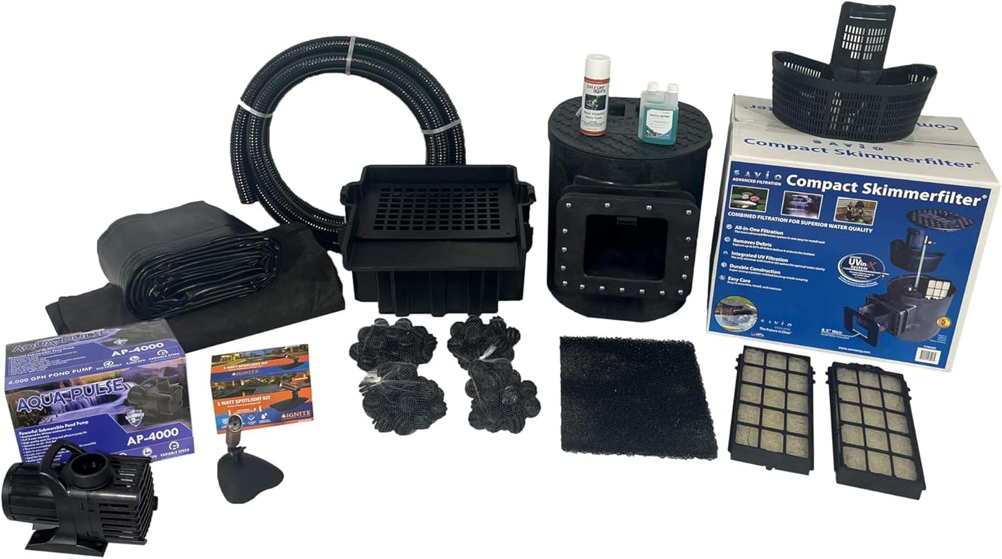 HALF OFF PONDS Savio Select 4,000 GPH Submersible Pump Pond Kit with 15' x 15' PVC Plastic Pond Liner for Water Garden & Koi Pond