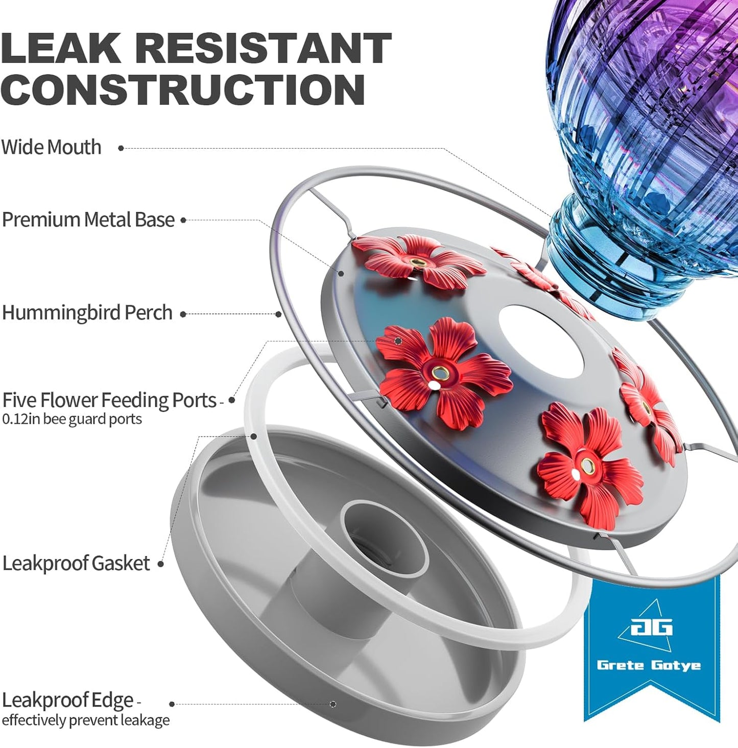 Glass Hummingbird Feeder for Outdoors Hanging, 26Oz Bird Nectar Feeder with Perch & 5 Flower Feeding Ports, Leak Proof for Outside Garden Decor Backyard, Gifts for Women Mom, Purple Blue