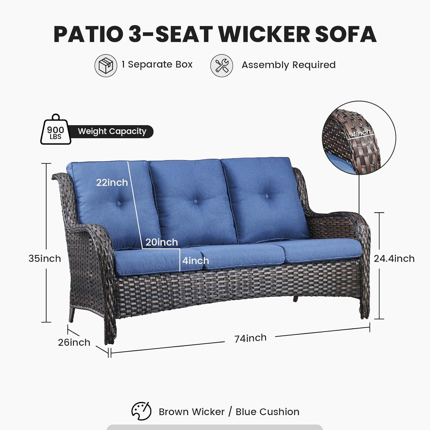 Outdoor Furniture 3-Seater Rattan Sofa Patio Wicker Sofa Couch Furniture Set with Washable Cushions