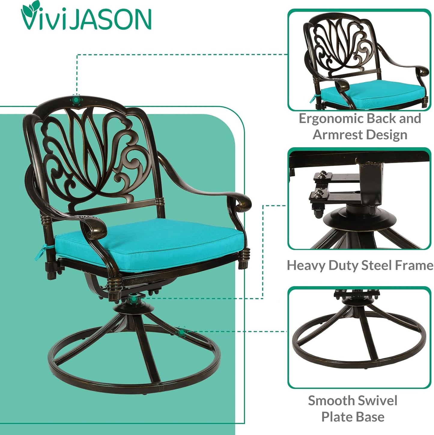 VIVIJASON 3-Piece Patio Furniture Dining Set, Outdoor All-Weather Cast Aluminum Bistro Set, Include 2 Swivel Chairs and 31" Round Table w/Umbrella Hole for Balcony, Lawn, Garden (Ocean Blue Cushion)